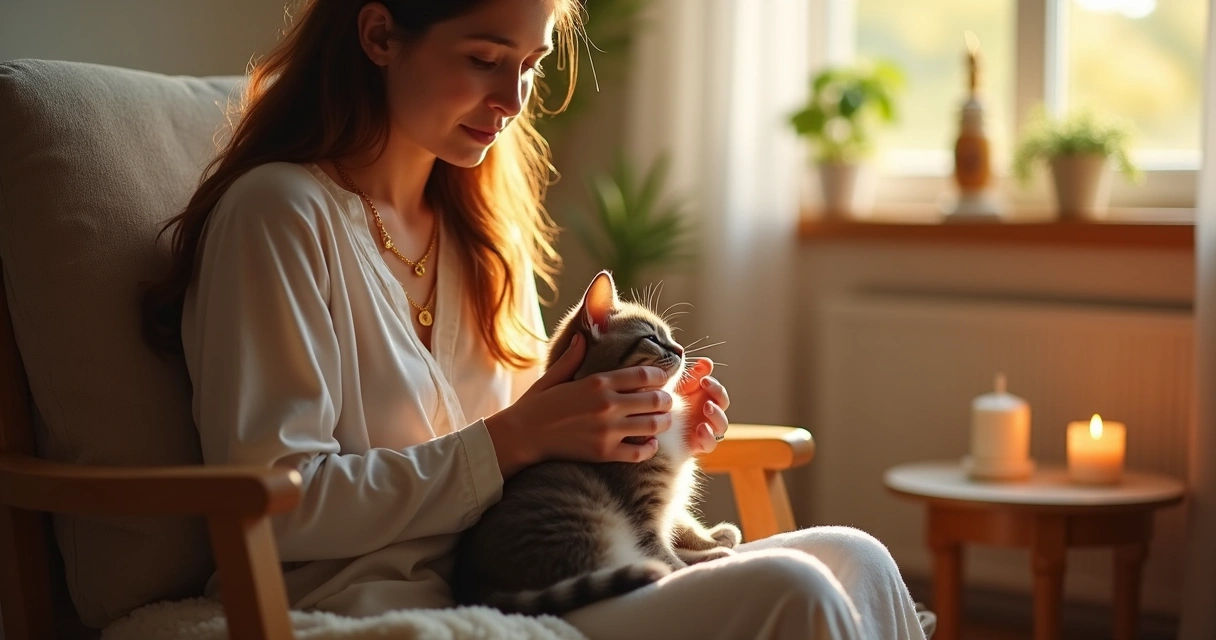Pessoa orando com gato no colo 
