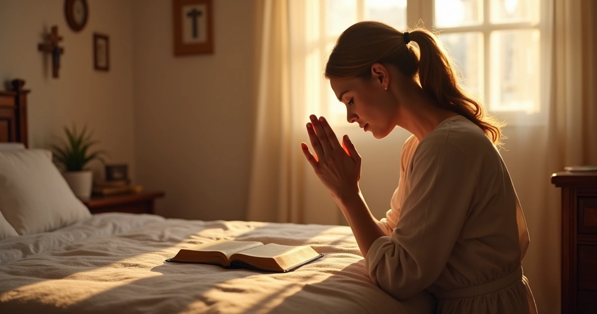 Mulher orando com serenidade diante de luz que simboliza resposta divina 