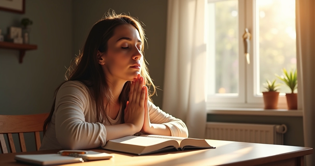 Mulher orando de olhos fechados enquanto o sol entra pela janela ao fundo 
