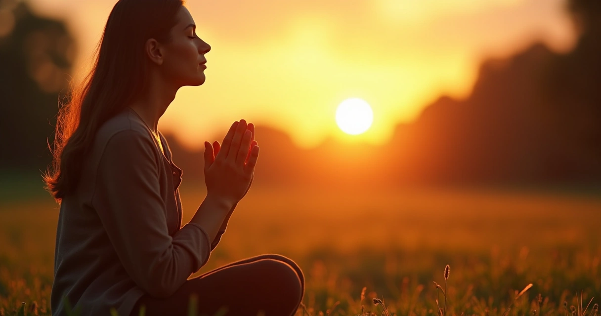 Pessoa com mãos postas em oração em ambiente natural com luz do sol ao fundo 