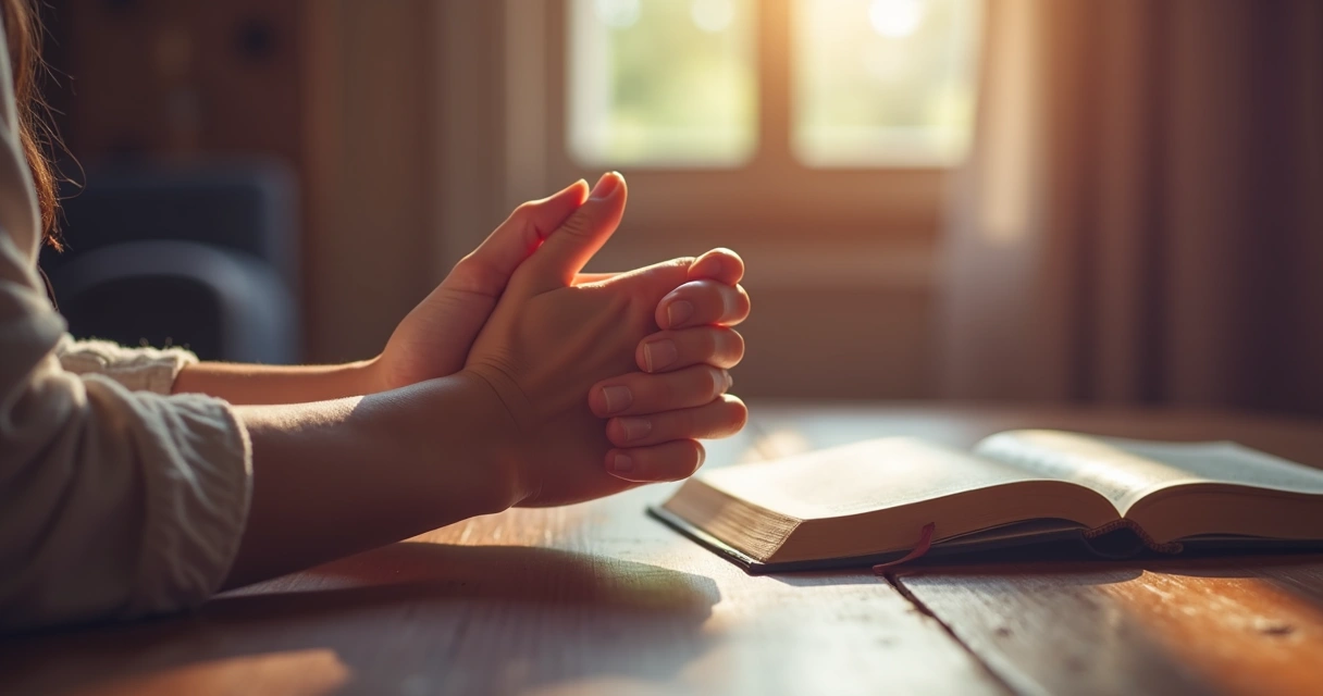 Mãos femininas unidas em oração sobre uma mesa com Bíblia 