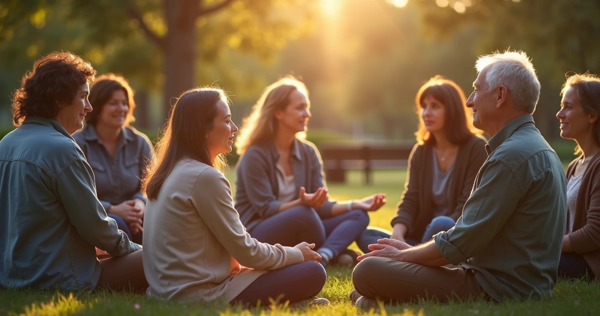 Amigos sentados em círculo, mãos dadas, orando juntos. 