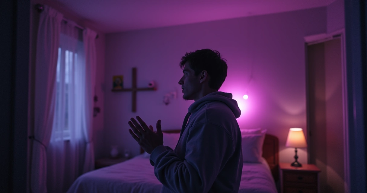Pessoa orando em casa com luz roxa suave 