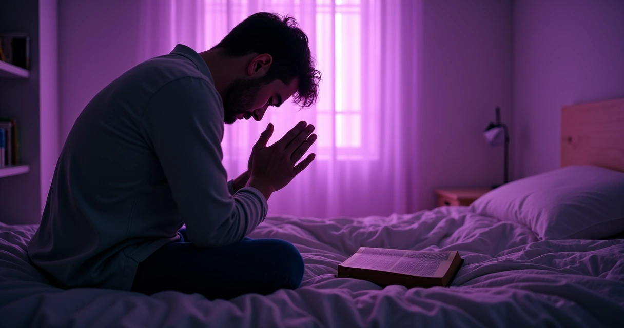 Pessoa orando sozinha em quarto, joelhos ao chão, com luz suave 