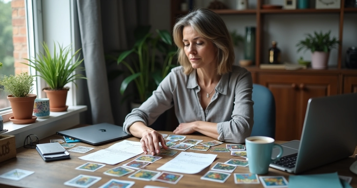 Shuffling cards during a moment of decision at a desk 