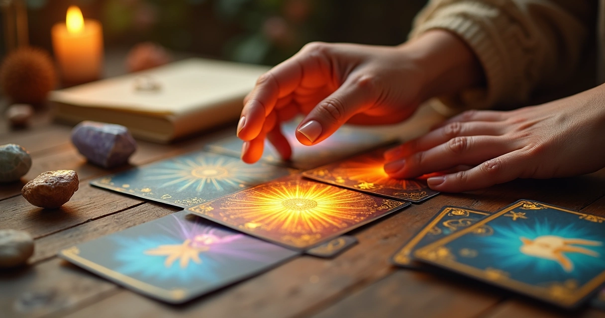 Selection of oracle cards laid on table with soft lighting 