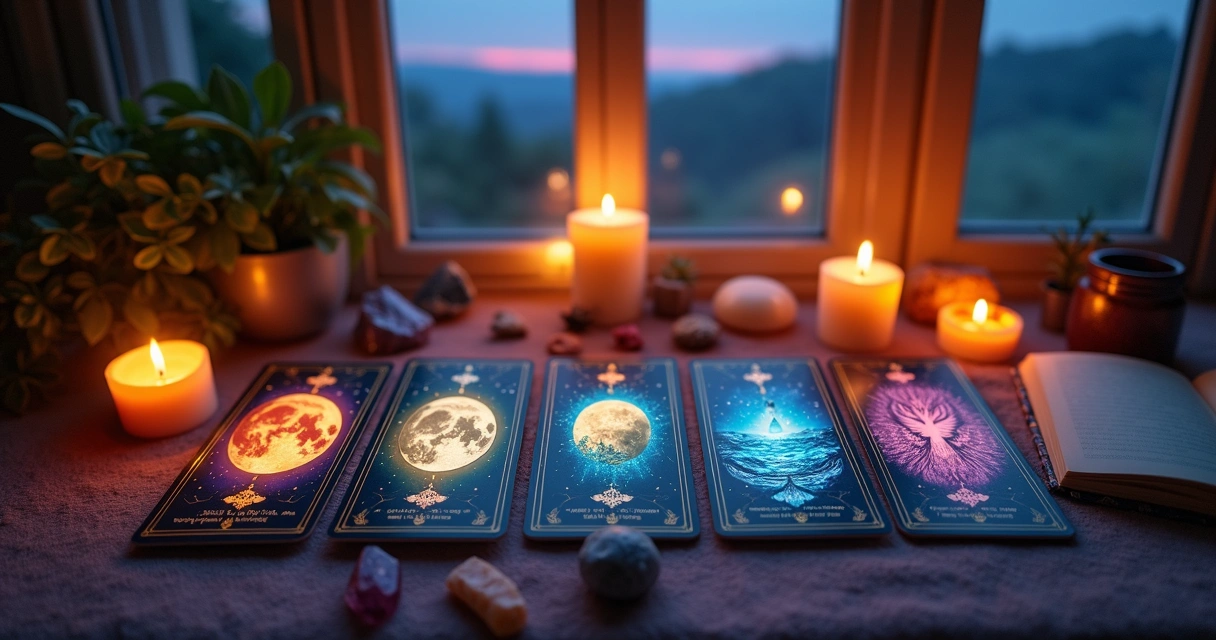 Mystical altar with oracle cards, candles, and crystals 
