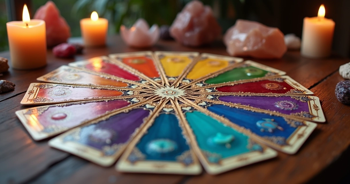 Spread of colorful oracle cards on a wooden table with crystals and candles around 