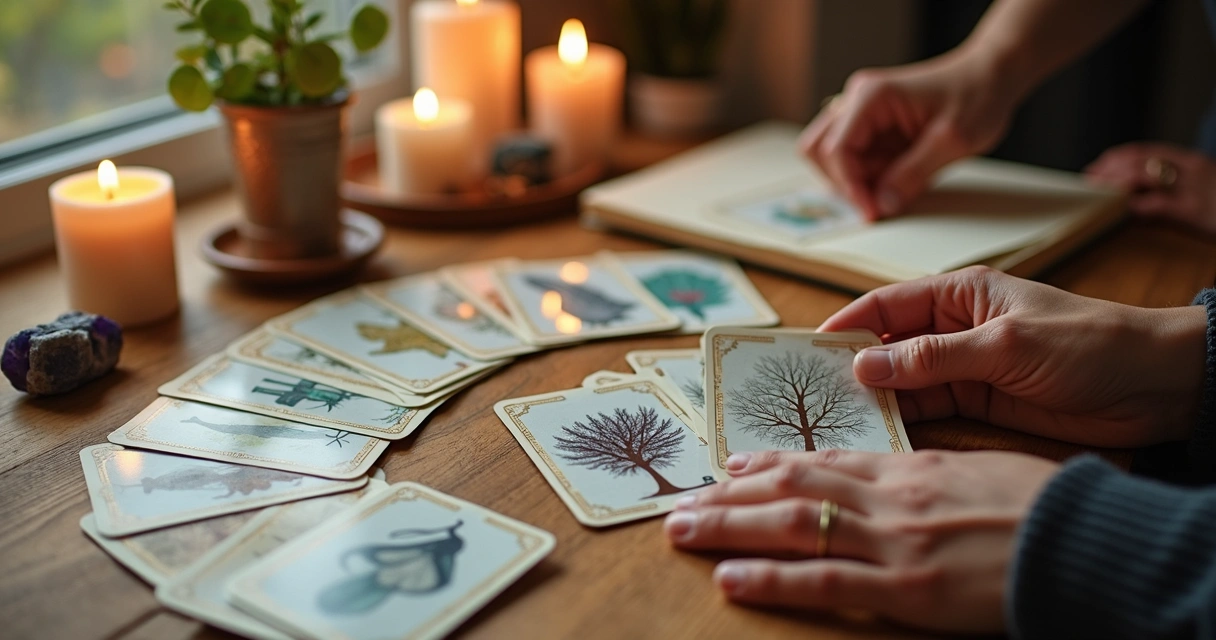 Oracle deck spread on wooden table, hands shuffling cards 