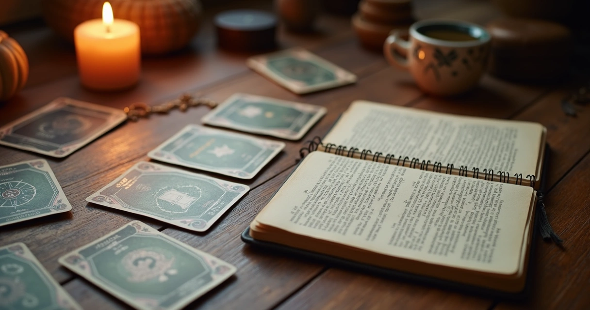 Table with oracle cards laid out, open notebook with handwritten notes, and a glowing candle in dim light 