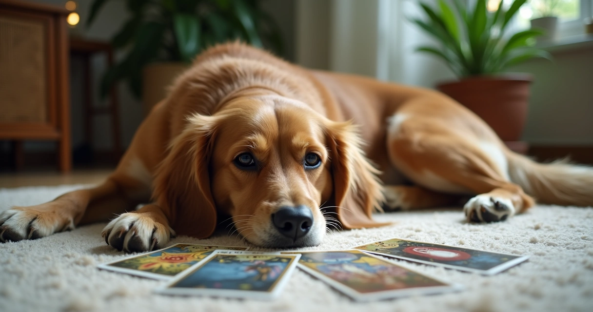 Cão deitado calmamente diante de cartas de tarot espalhadas em um tapete claro 