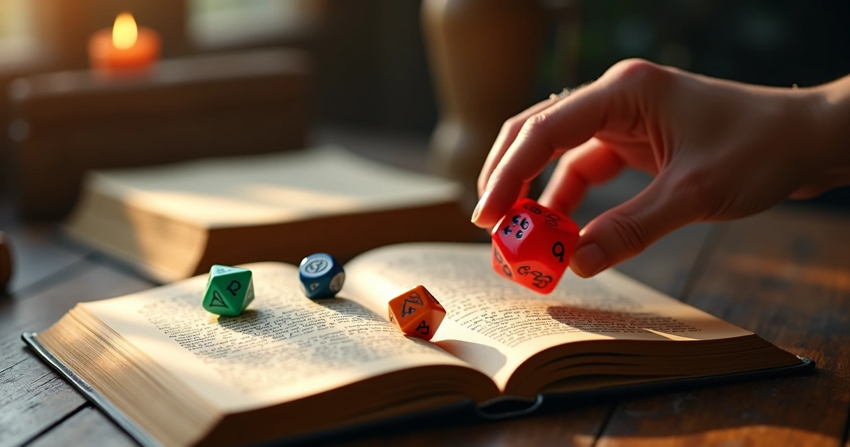 Livro aberto com dados coloridos sobre mesa de madeira 