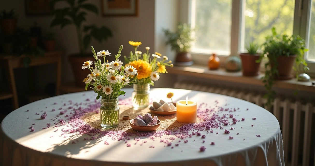 Altar espiritual com flores variadas do quintal, luz suave entrando pela janela 
