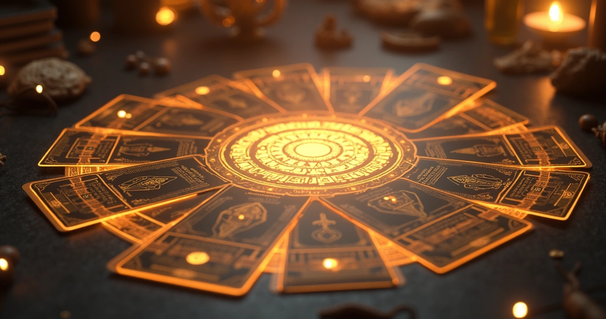 Interface digital de oráculo de IA com cartas de tarot hermético em destaque e ambiente místico. 
