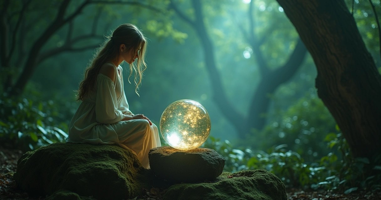 Mulher em túnica sentada em pedra antiga com bola de cristal, em uma floresta iluminada, simbolizando oráculos e introspecção.