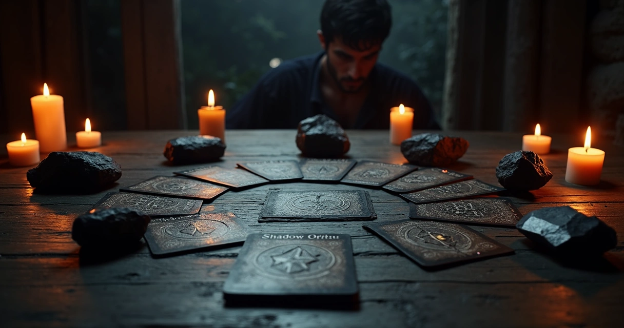 Cartas de oráculo das sombras dispostas em círculo sobre uma mesa escura, com velas e cristais ao redor 