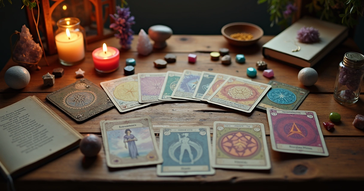 Mesa de madeira com vários oráculos coloridos e velas acesas 
