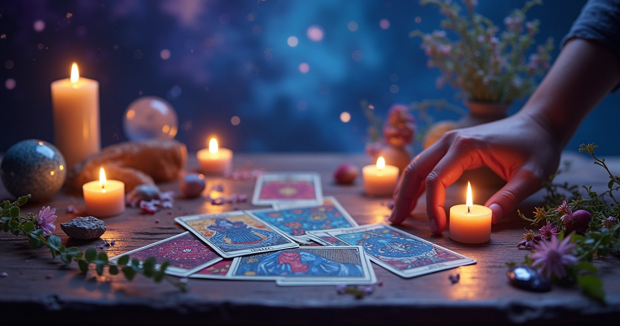 Vibrant depiction of tarot cards and crystal balls on a wooden table surrounded by candlelight.