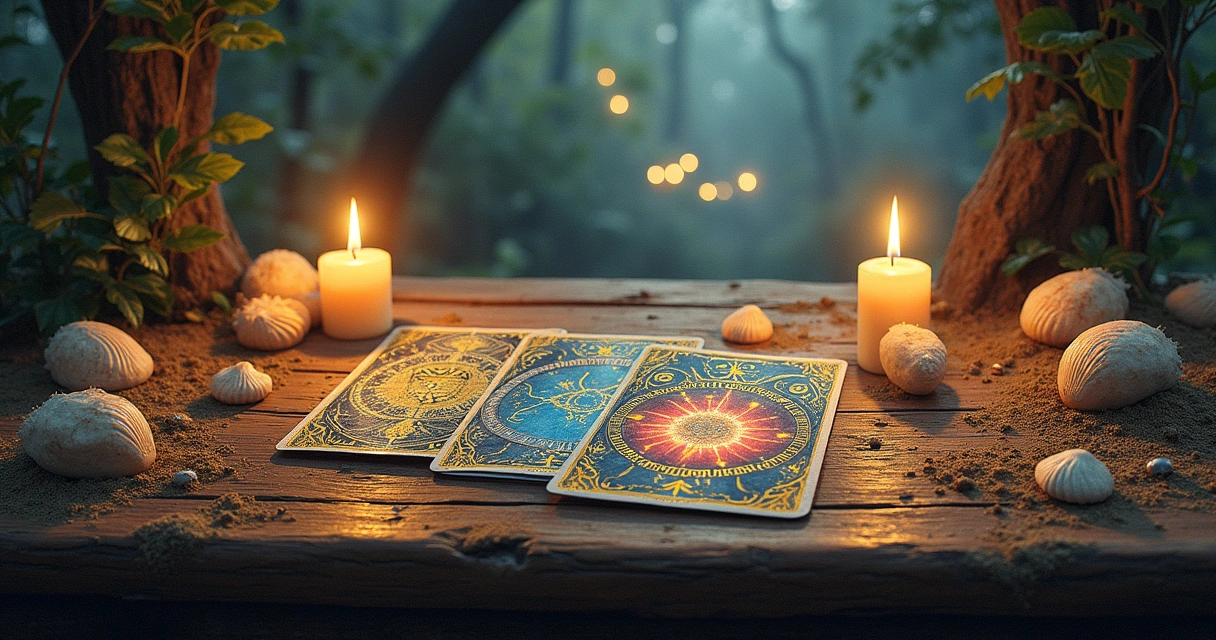 Ilustração de diferentes oráculos: cartas de Tarot, búzios e runas em um ambiente místico.