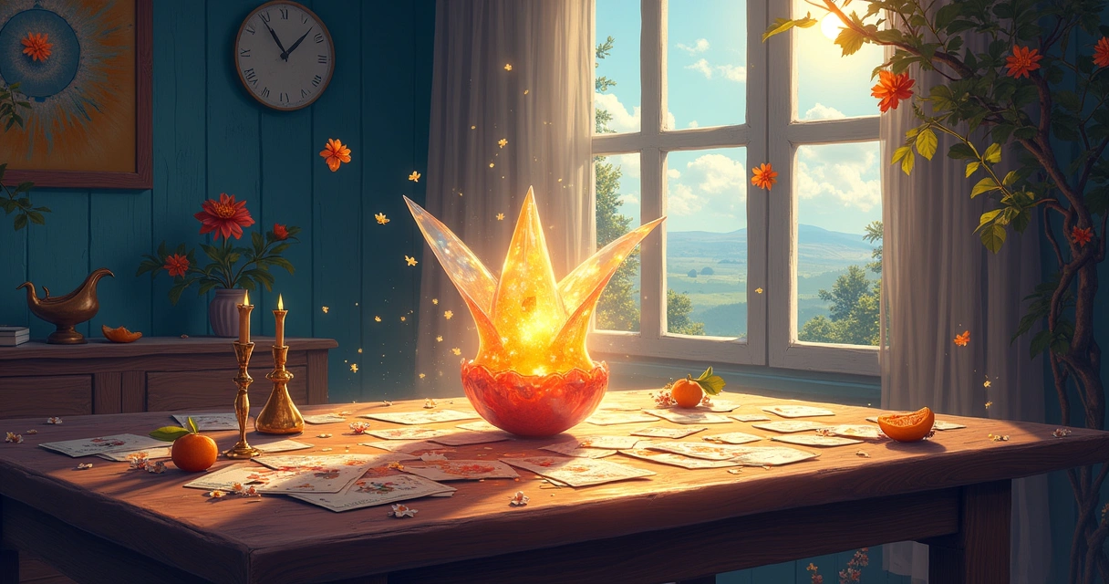 Ilustração de uma mesa de tarô com cartas, velas acesas, cristais e uma janela com céu estrelado.