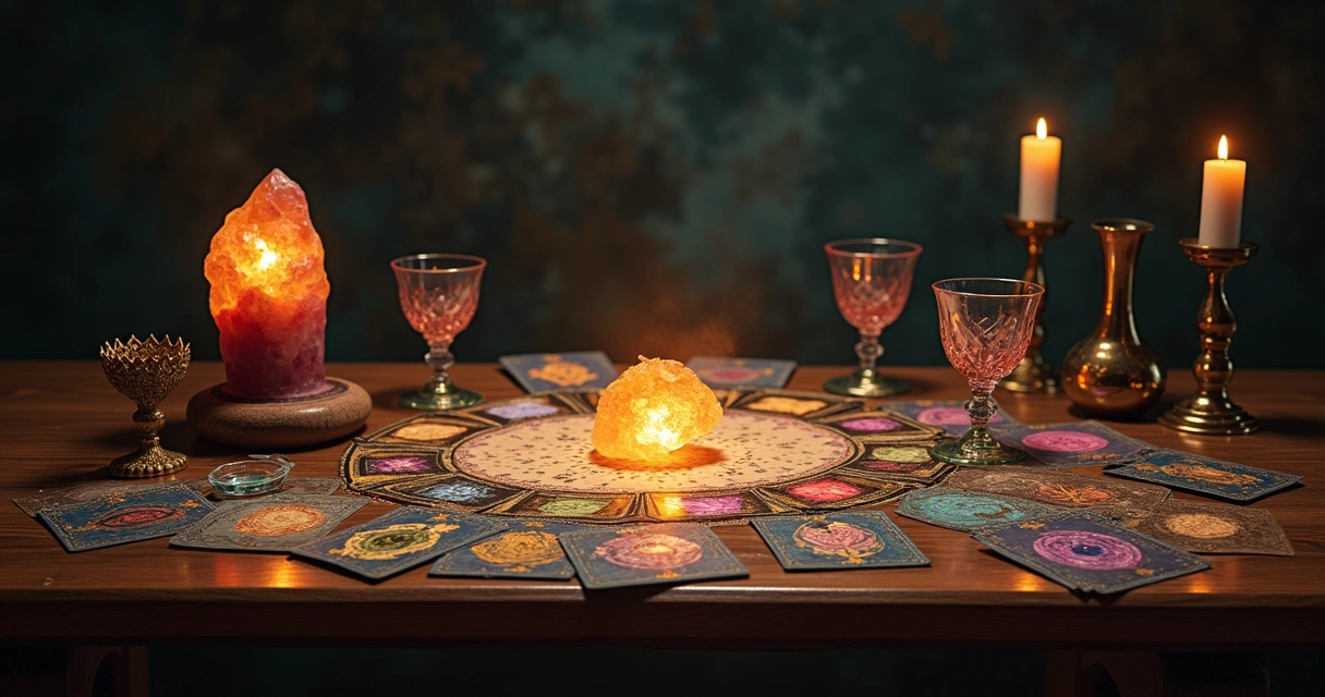 Baralho de tarô, cristal e vela sobre mesa de madeira, criando uma cena mística e introspectiva. 