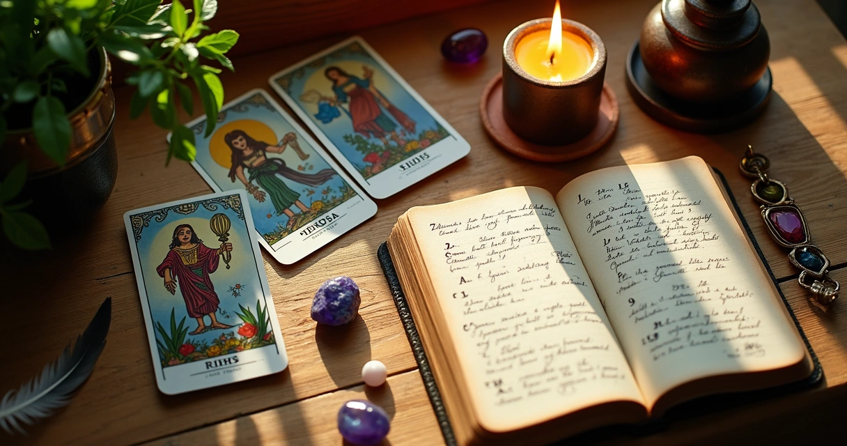 Mesa com cartas de tarot, pedras, e diário de anotações de sinais do universo 