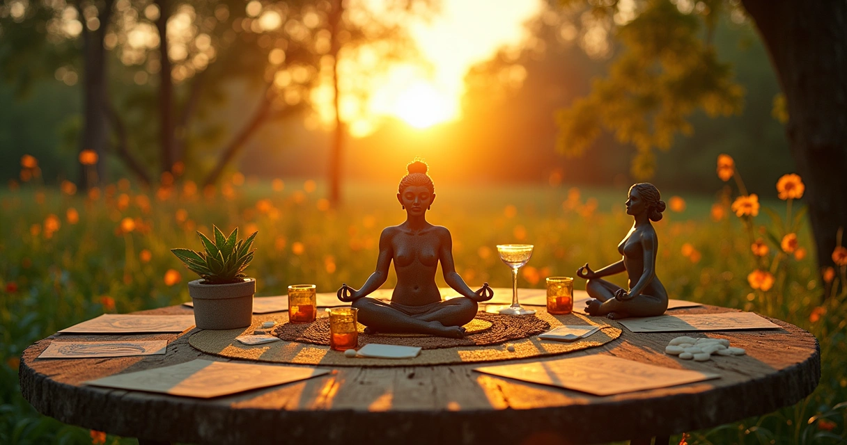 Uma mesa rústica com cartas de oráculo e cristais cercada pela floresta ao amanhecer, simbolizando autoconhecimento.