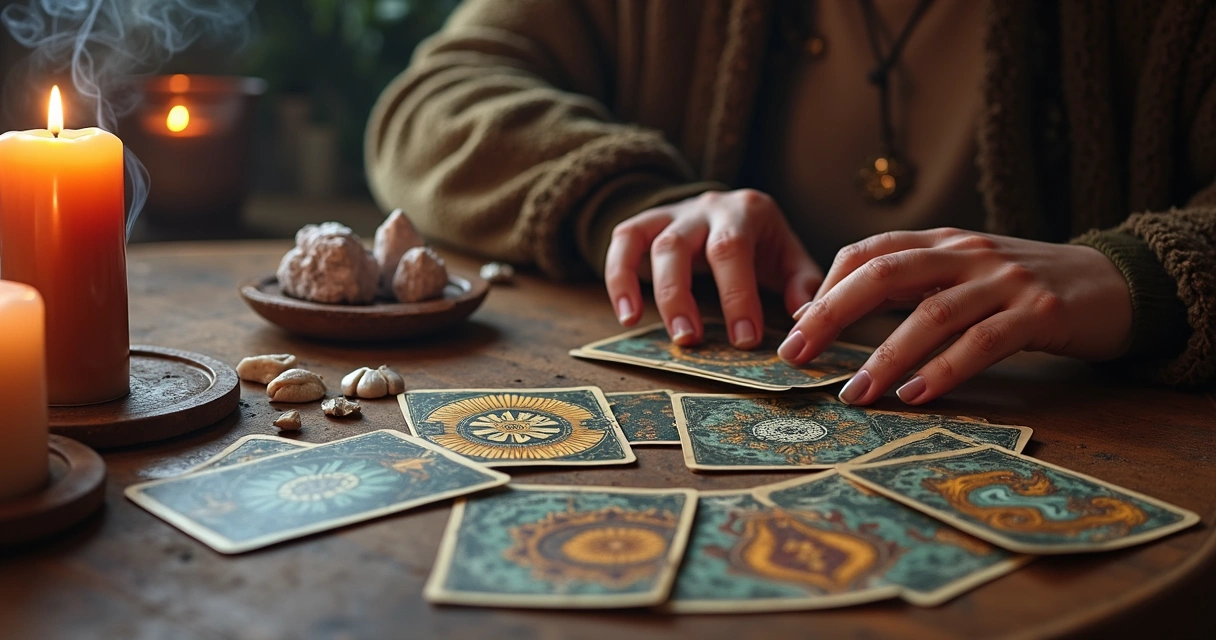 Cartas e búzios em mesa esotérica para consulta rápida 