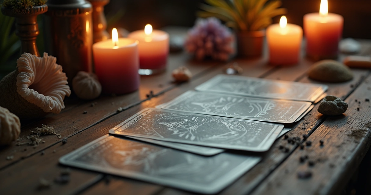 Oráculos variados sobre mesa com velas acesas 
