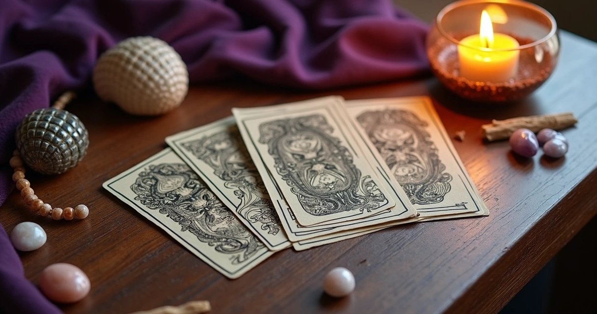 Mesa com cartas de tarot, búzios e incensos sobre um tecido roxo 