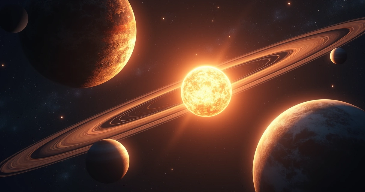 Visão ultra-detalhada de planetas em órbita ao redor de uma estrela brilhante em espaço profundo 