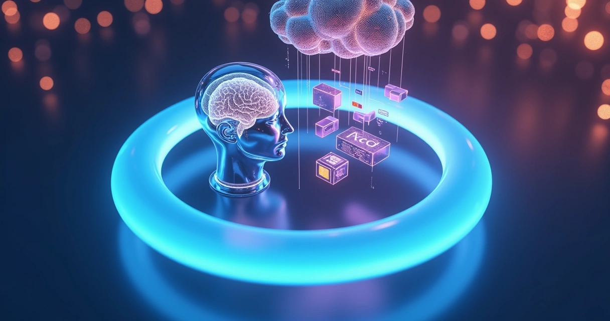 Círculo flutuante unindo mente humana, código e nuvem de IA em órbita digital 