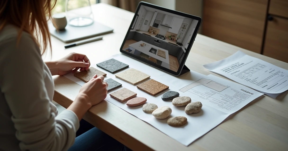 Pessoa analisando amostras de pedra e um orçamento detalhado em sua mesa de sala de estar 