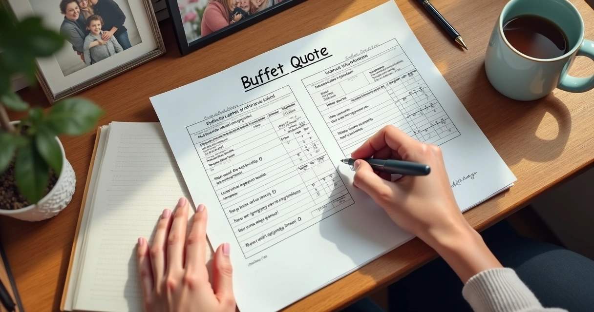 Pessoa comparando orçamentos detalhados de buffets para evento familiar 