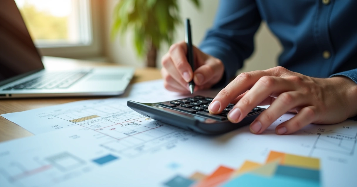 Pessoa calculando orçamento de obra com plantas, calculadora e laptop 