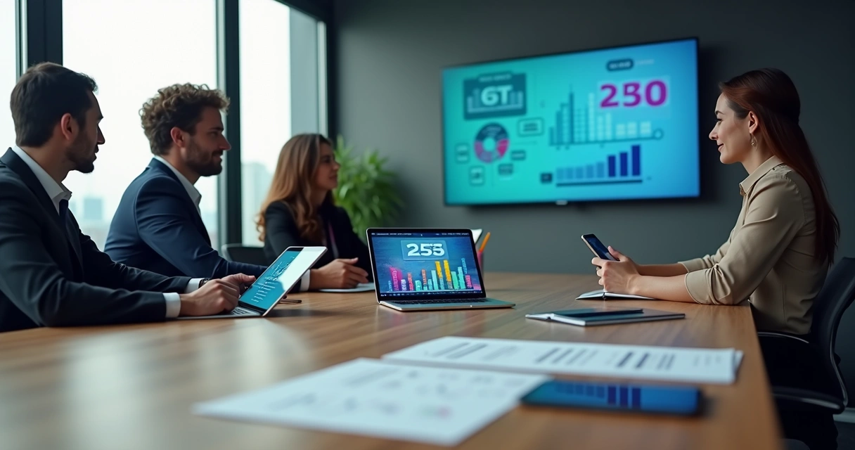 Equipe de negócios analisa orçamento de criação de aplicativo em mesa com gráficos e telas de app 