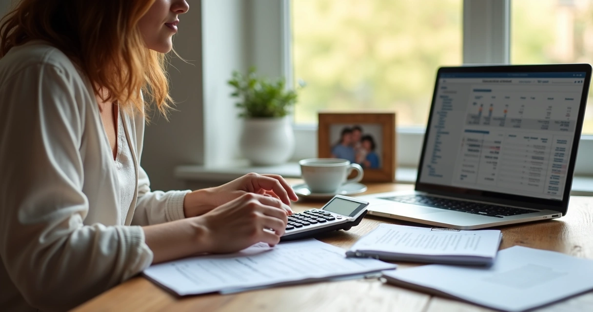 Mulher anotando orçamento doméstico com laptop e calculadora na mesa 