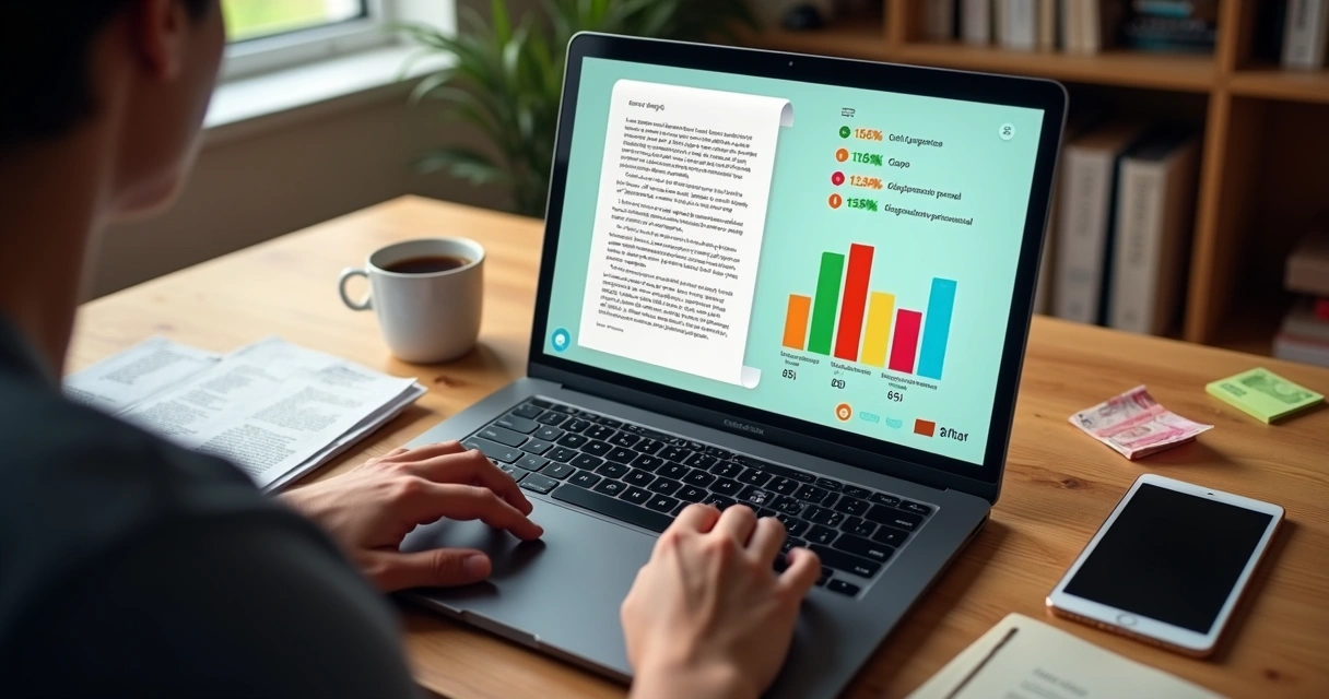 Escritor ajustando orçamento de diagramação de ebook em tela com gráficos de custo 