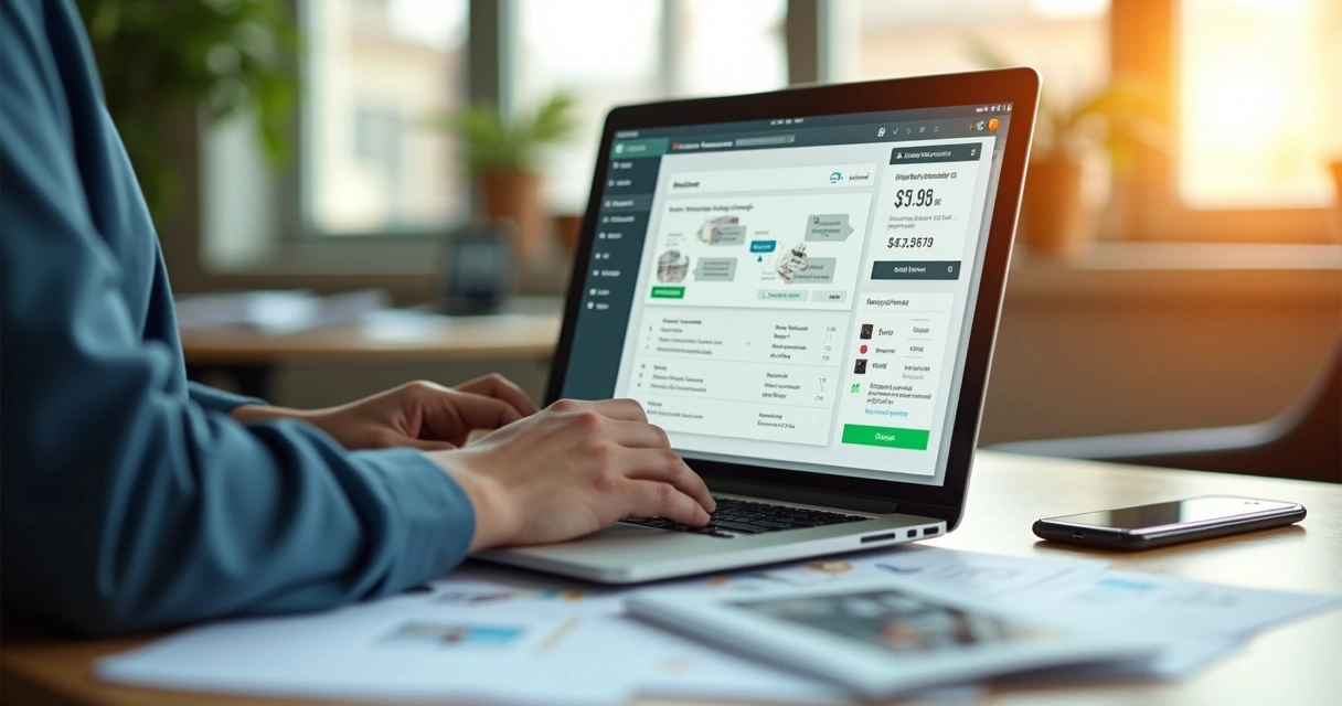 Pessoa usando notebook para gerar orçamento digital com WhatsApp aberto na tela 