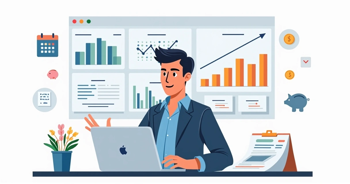 Empresário analisando orçamento anual em painel com gráficos e metas de lucro 