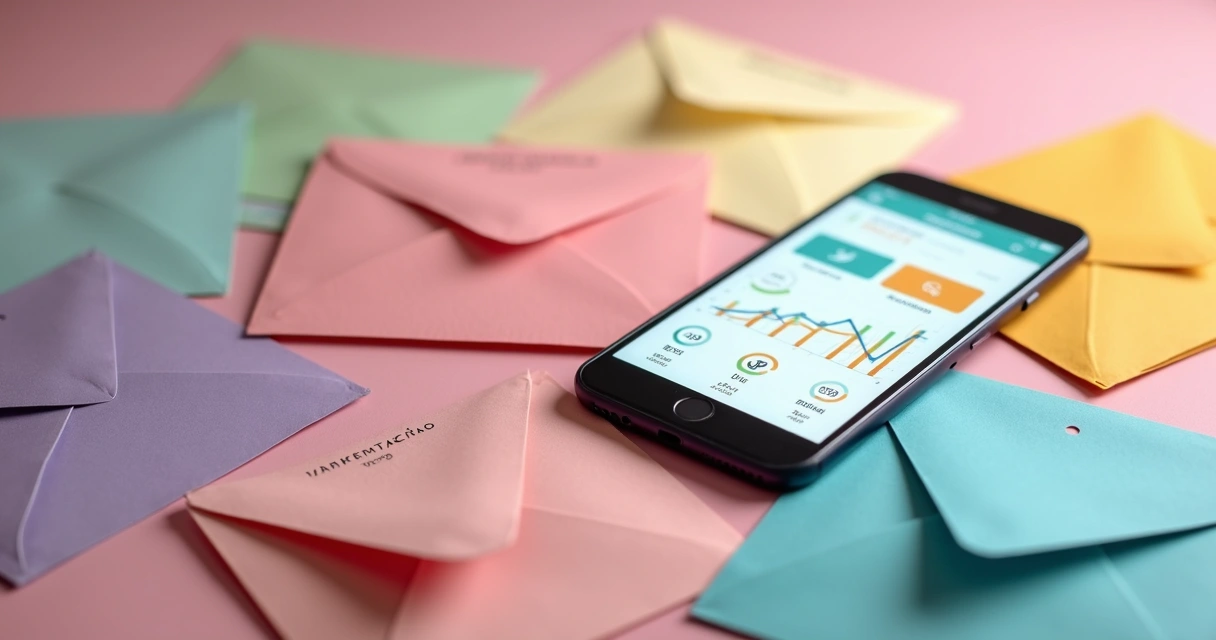 Envelopes de papel e ícones digitais representando orçamento