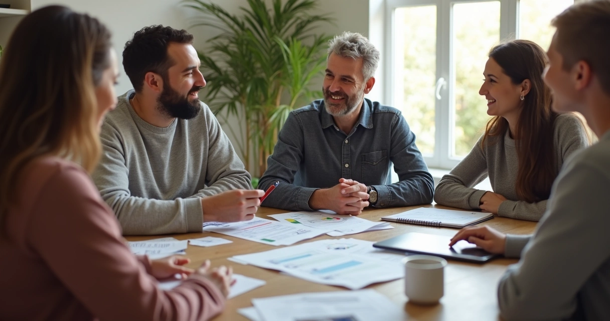 Pessoas revisando um orçamento familiar consciente numa mesa com anotações 