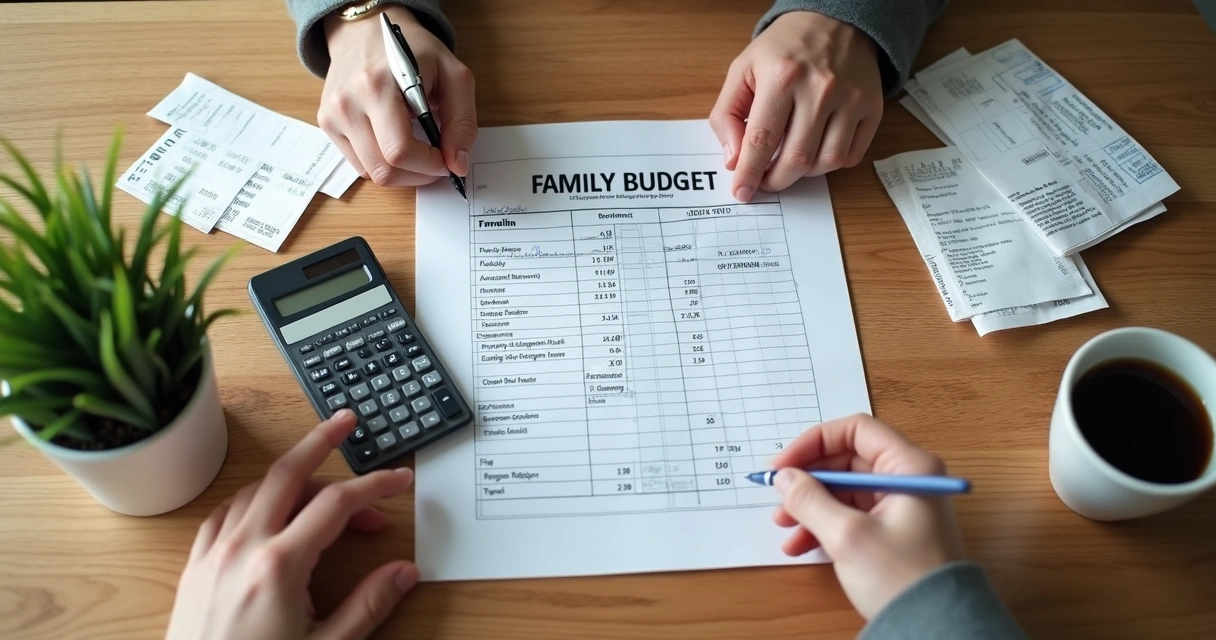 Mesa com orçamento familiar, calculadora e anotações financeiras 