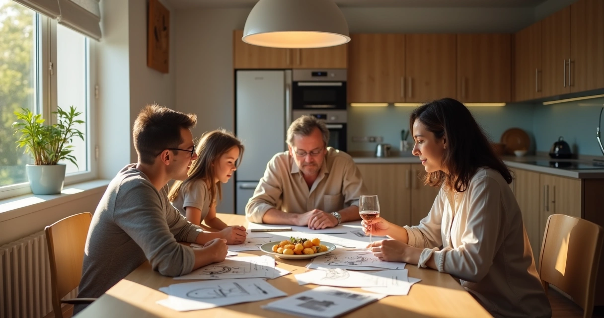 Família reunida em mesa de jantar analisando papéis de orçamento mensal 