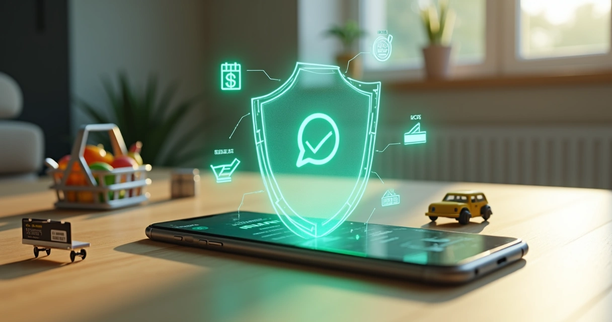 Orçamento familiar protegido por escudo digital saindo de smartphone com WhatsApp 