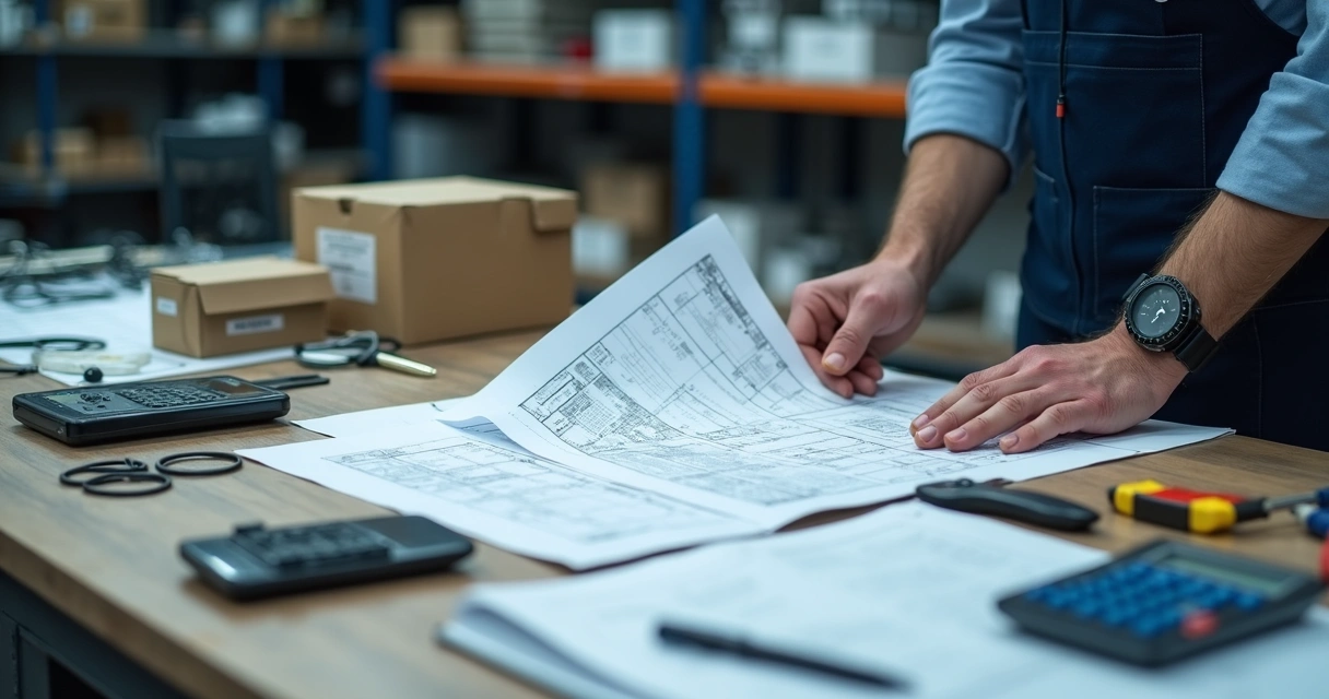 Instalador analisando orçamento e planta técnica em bancada 