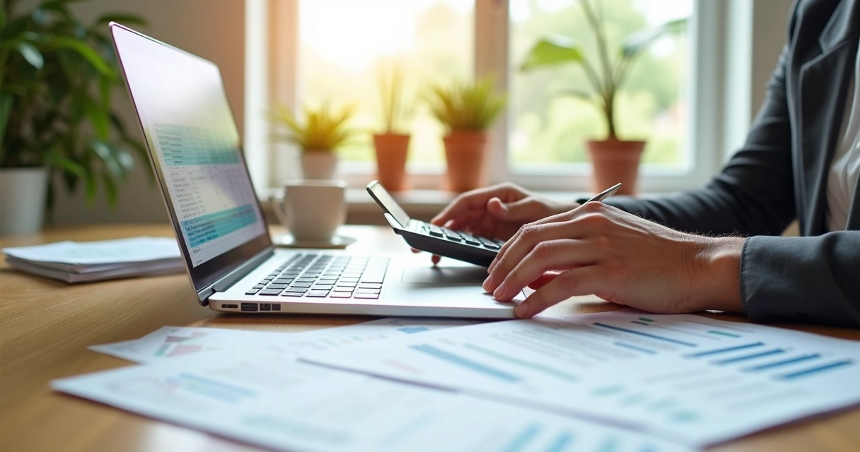 Pessoa calculando orçamento com planilha e laptop sobre uma mesa organizada, com luz natural 
