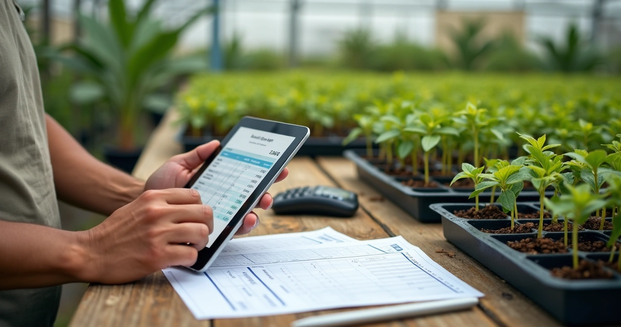 Produtor organizando orçamento de mudas em tablet no viveiro 