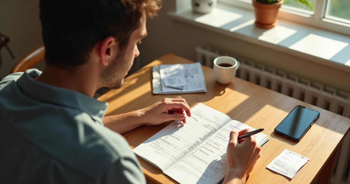 Homem anotando gastos financeiros com papel, caneta e celular sobre a mesa 