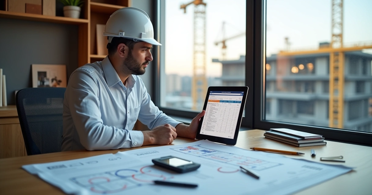 Profissional analisando planilha de orçamento de obra em computador 